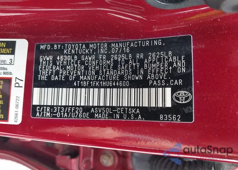 2017 Toyota Camry Se from USA, damaged, VIN 4T1BF1FK1HU644600